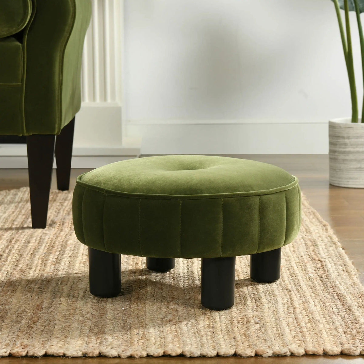 Riley Round Footstool Ottoman | 16 x 16 x 9 in | Fabric & Plywood | Olive Green