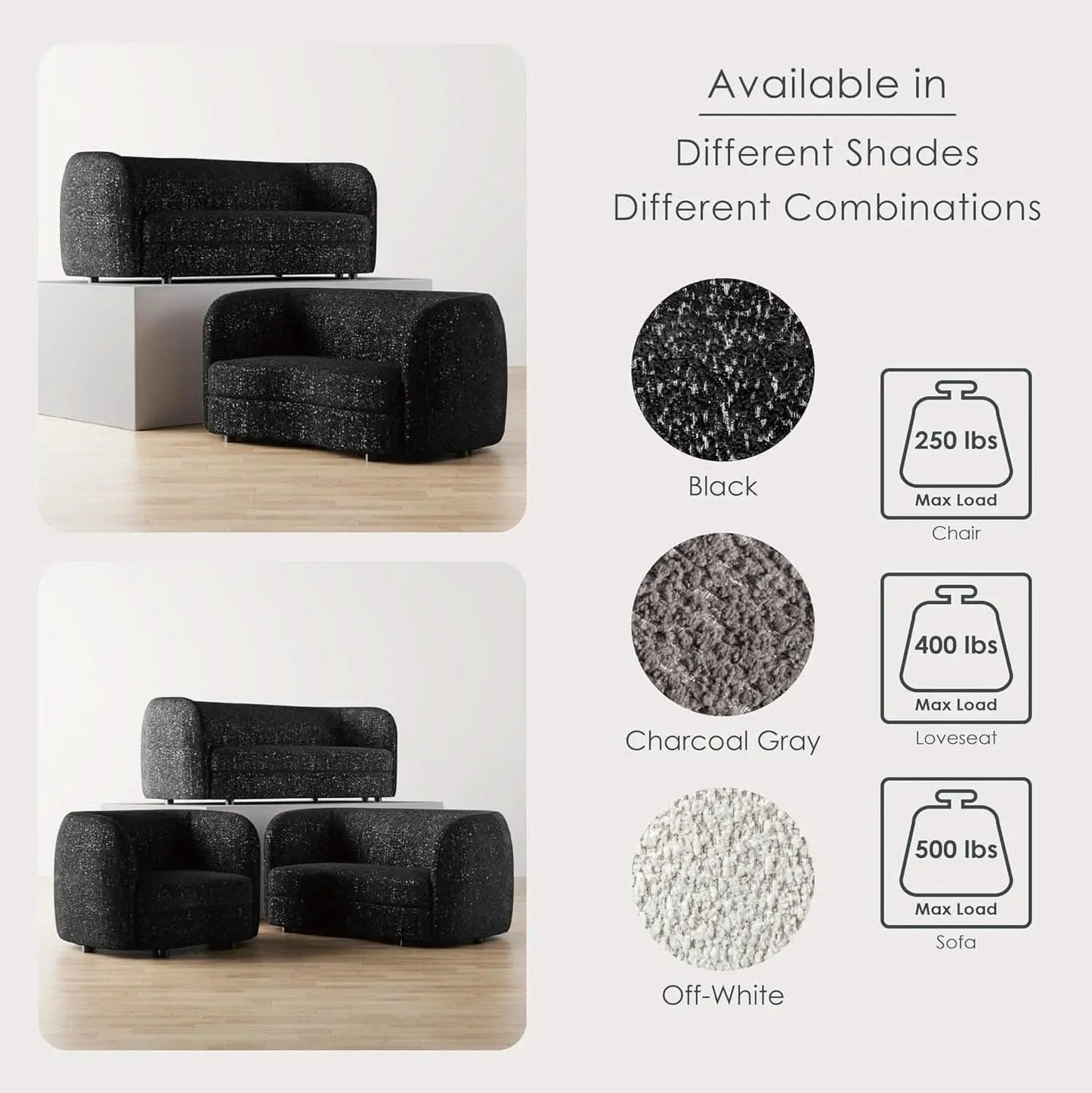 Nimiane Modern Boucle Sofa Set Black With Curved Arms from PriceLows™
