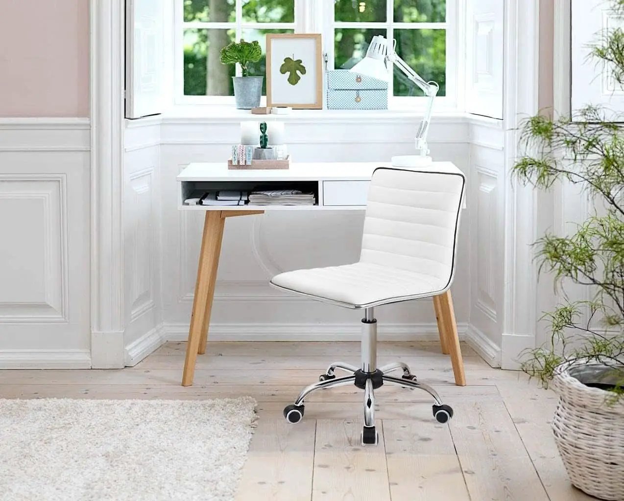 Mid Back Vanity Chair White PU Leather Swivel Office Chair from PriceLows™