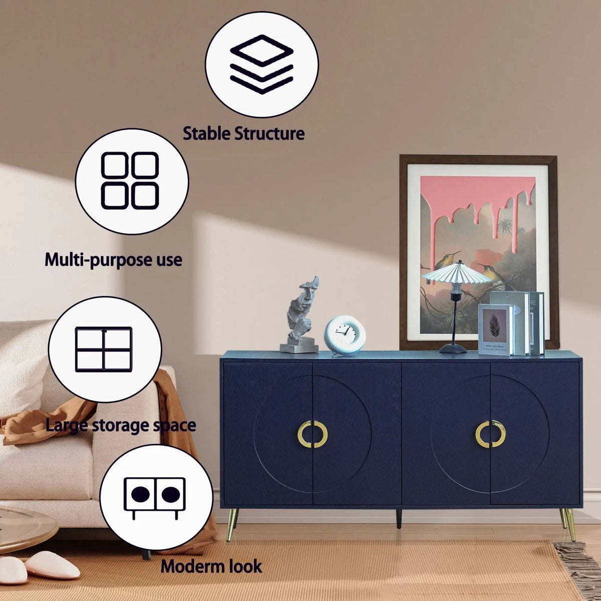 Lacquered 4 Door Sideboard Buffet | Matte Navy Finish | Solid Wood Veneer | Metal Legs