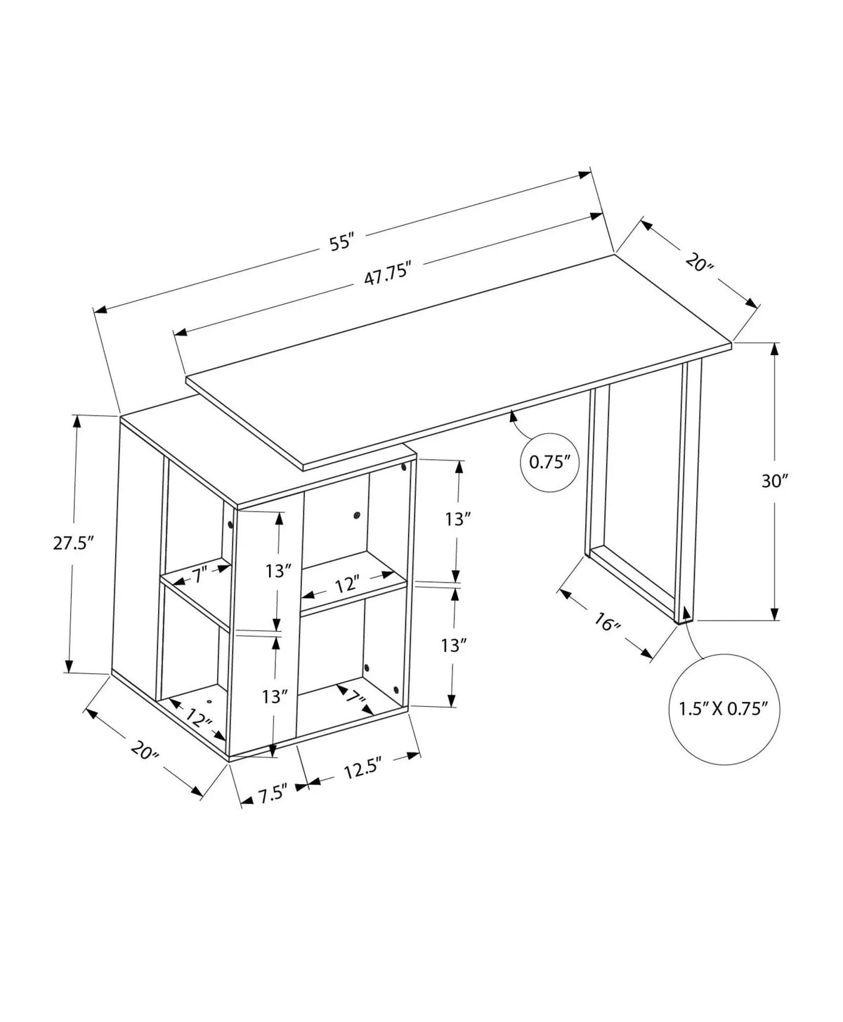 Computer Desk With Bookcase | 55 Inch Width | Left Or Right Setup | 8 Fixed Shelves