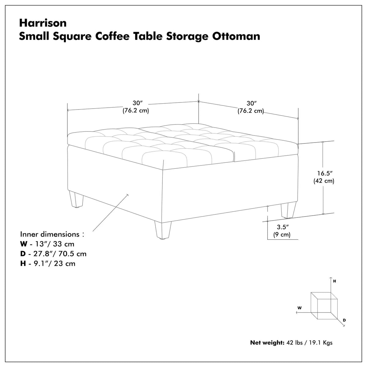 Coffee Table Storage Ottoman | Lift Top Hinge | Solid Wood Base | Large Square