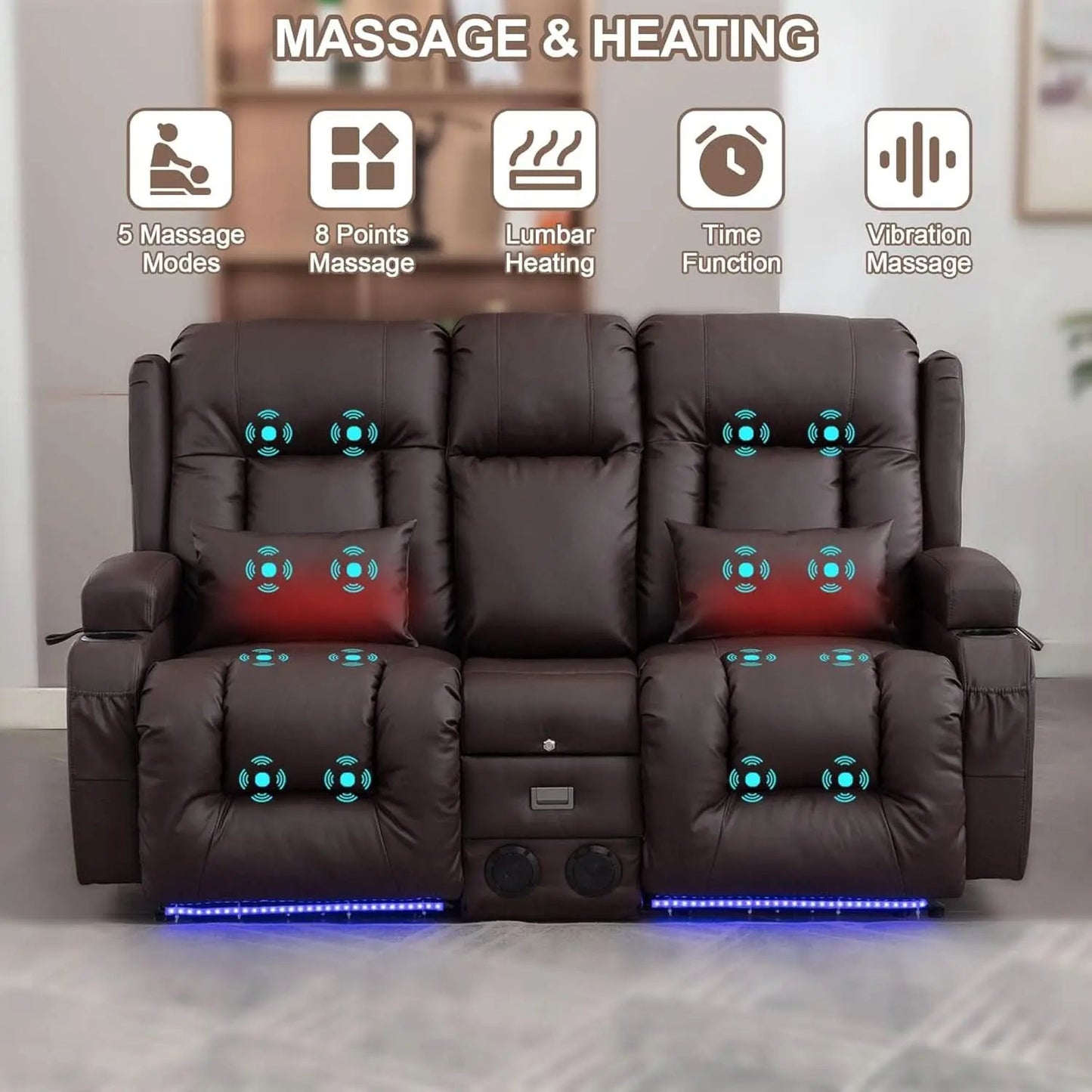 Power Loveseat Recliner Sofa With Massage And Heat Brown from PriceLows™