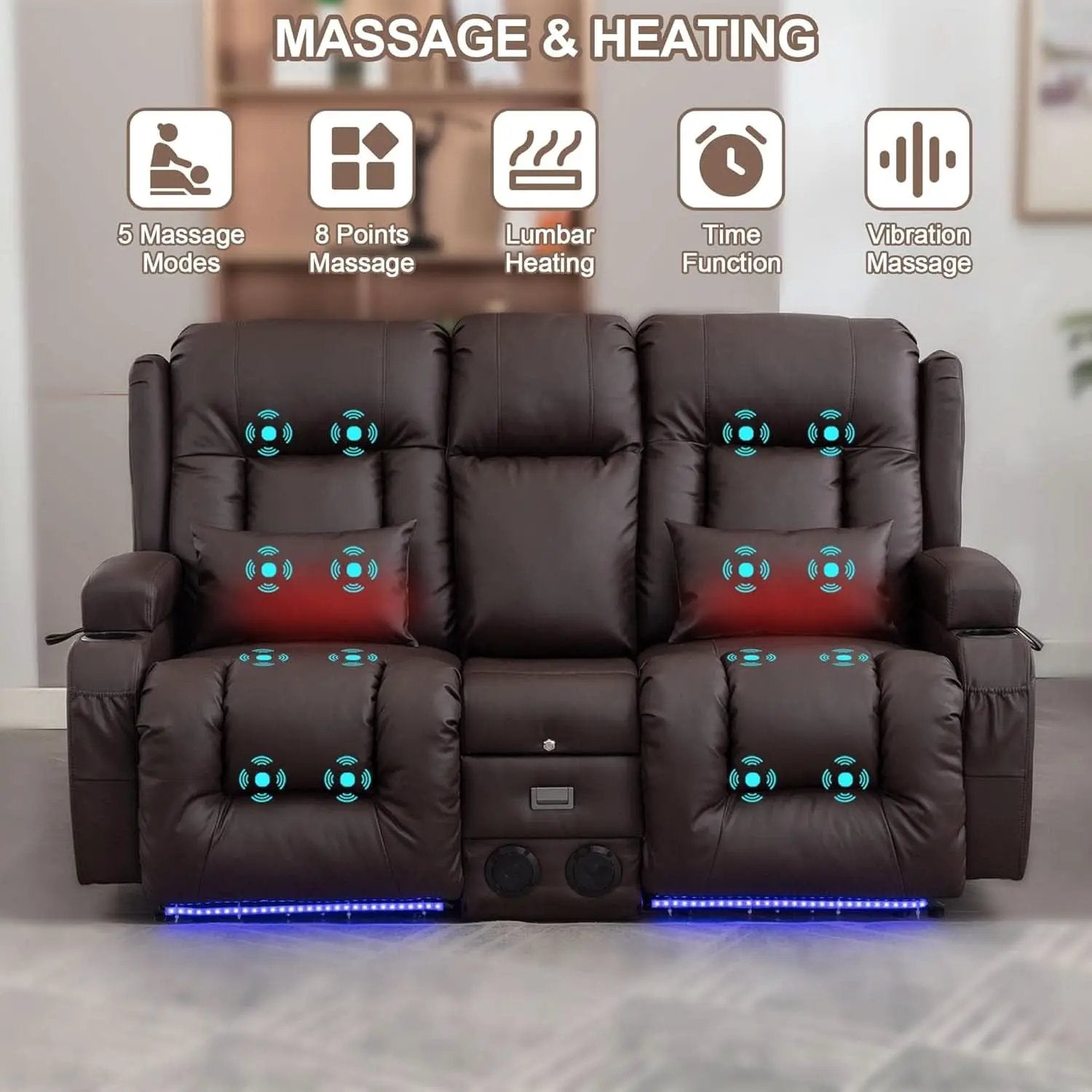 Power Loveseat Recliner Sofa With Massage And Heat Brown from PriceLows™