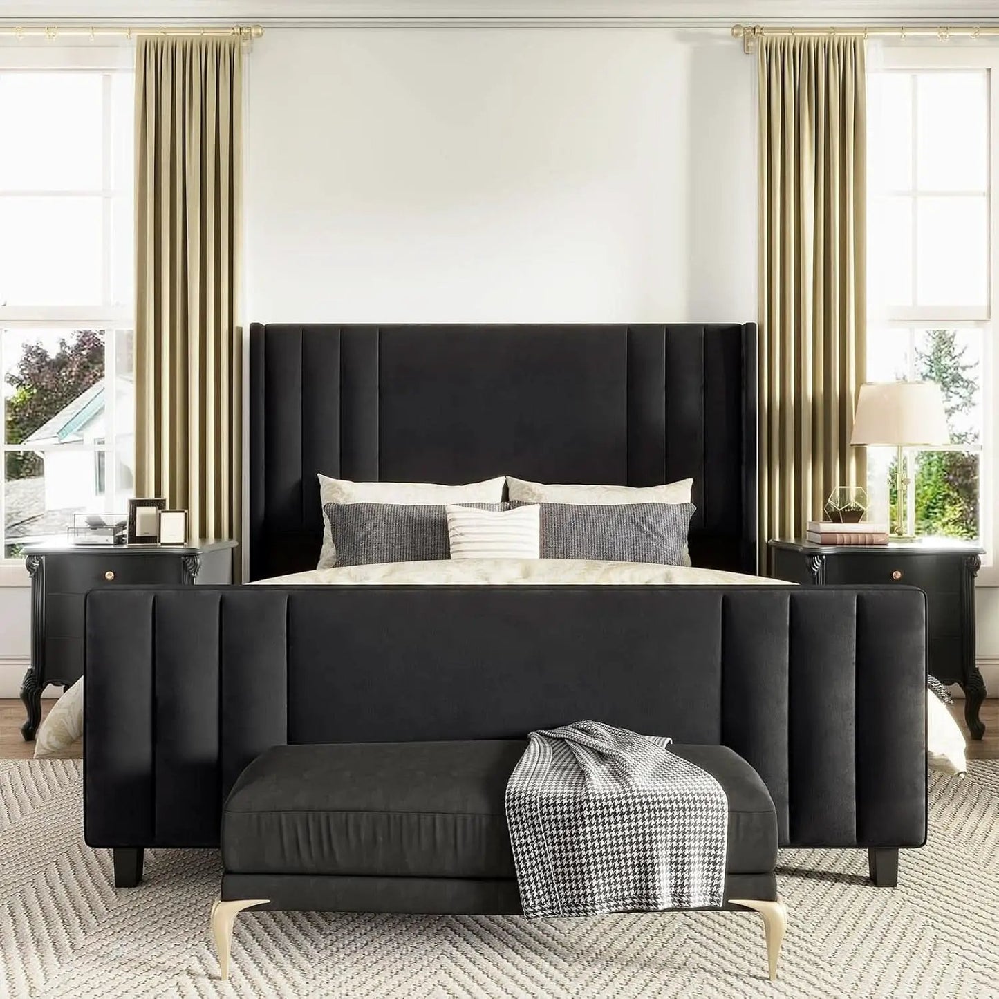 Velvet Queen Platform Bed Frame With Tufted Black Headboard from PriceLows™