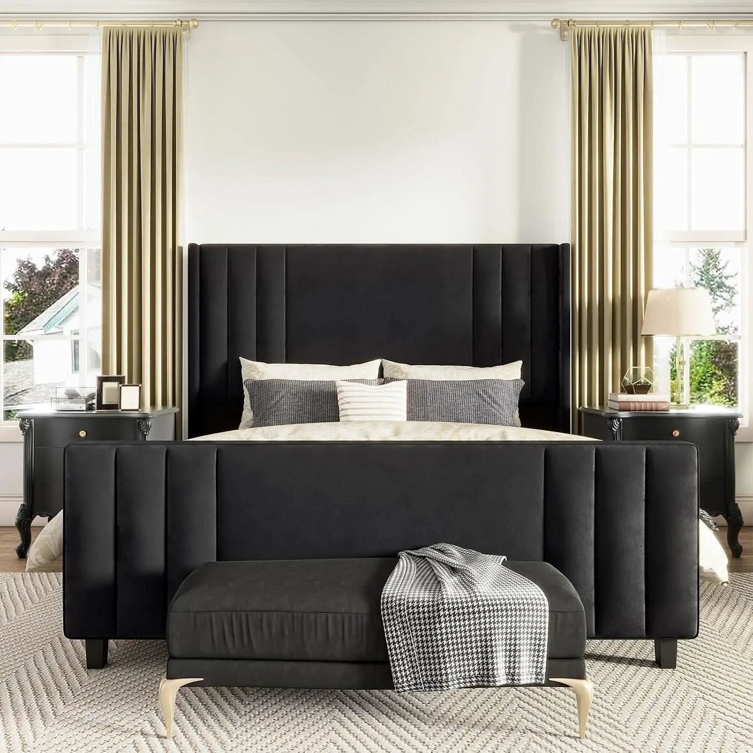 Velvet Queen Platform Bed Frame With Tufted Black Headboard from PriceLows™