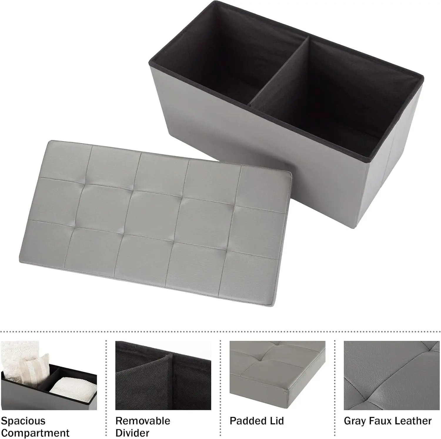 Storage Ottoman Bench 30 Inch Gray Removable Divider from PriceLows™