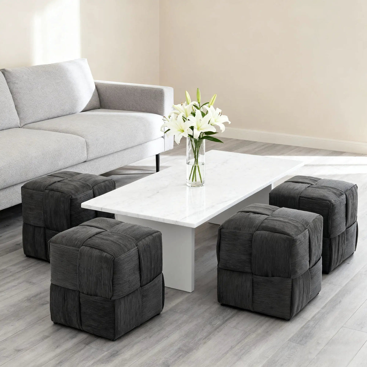 Modern Ottoman Foot Rest | Woven Design | Engineered Wood Frame | 14.2 Inch Cube