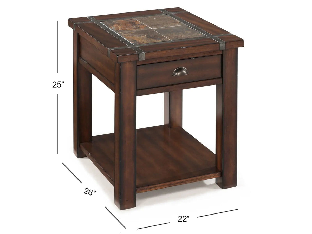 Roanoke Rectangular End Table | Slate Inlay | Pewter Strapping And Hardware | Transitional Style