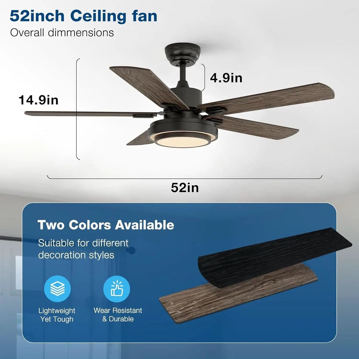 52 Inch Ceiling Fan With Light Remote Control Dimmable LED from PriceLows™