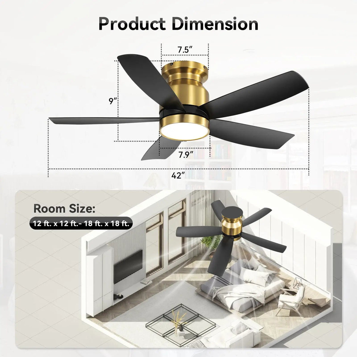 Flush Mount Ceiling Fan | 42 Inch Span | 22W 3CCT LED Light | DC Motor With Remote