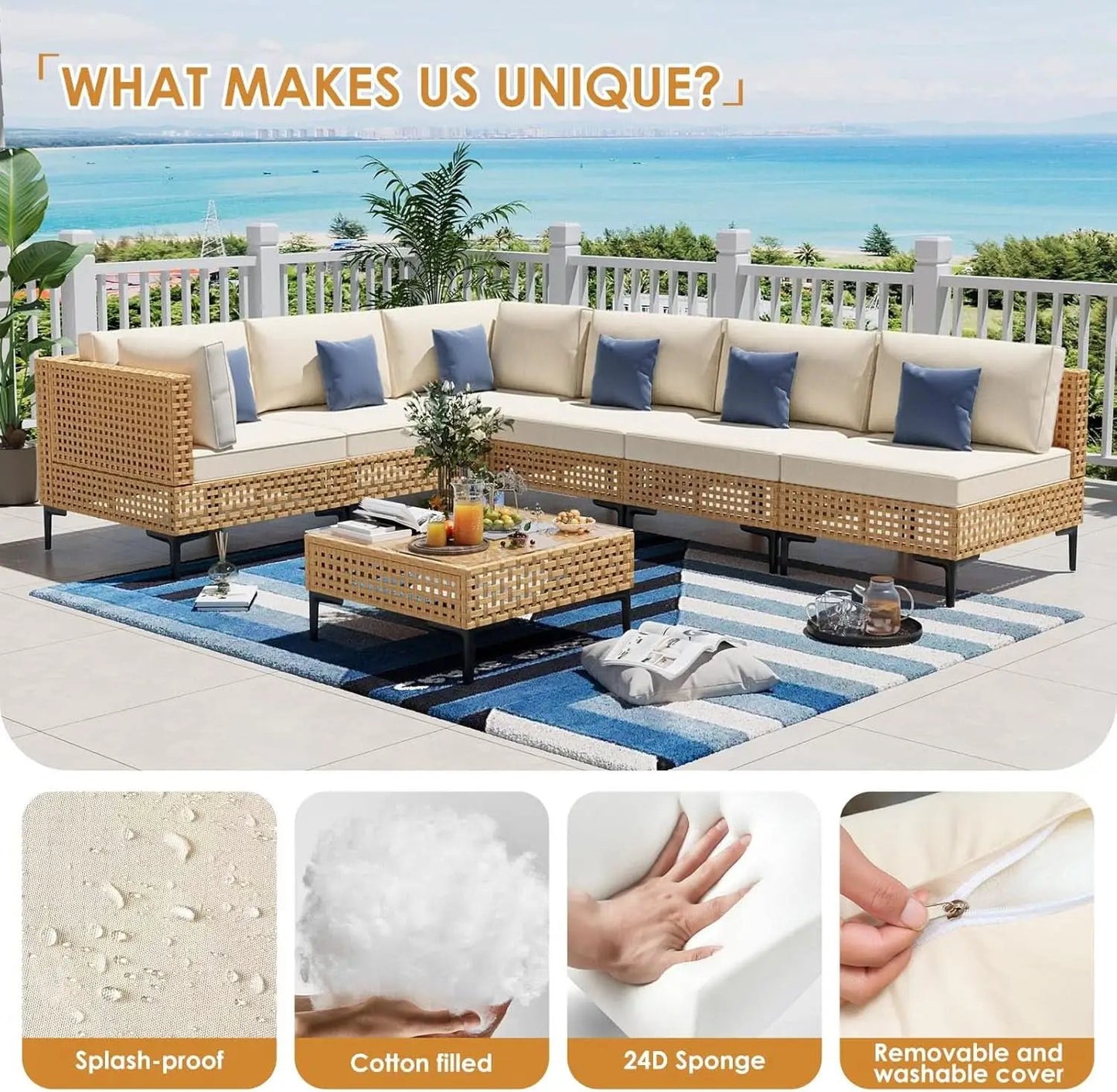 110 Inch Large 7 Piece Wicker Outdoor Patio Set Beige Cushions from PriceLows™