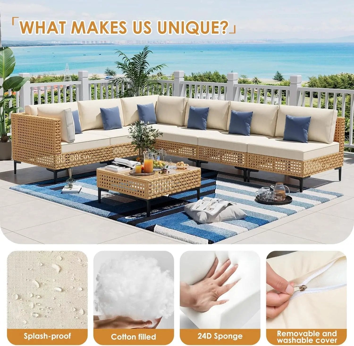 110 Inch Large 7 Piece Wicker Outdoor Patio Set Beige Cushions from PriceLows™