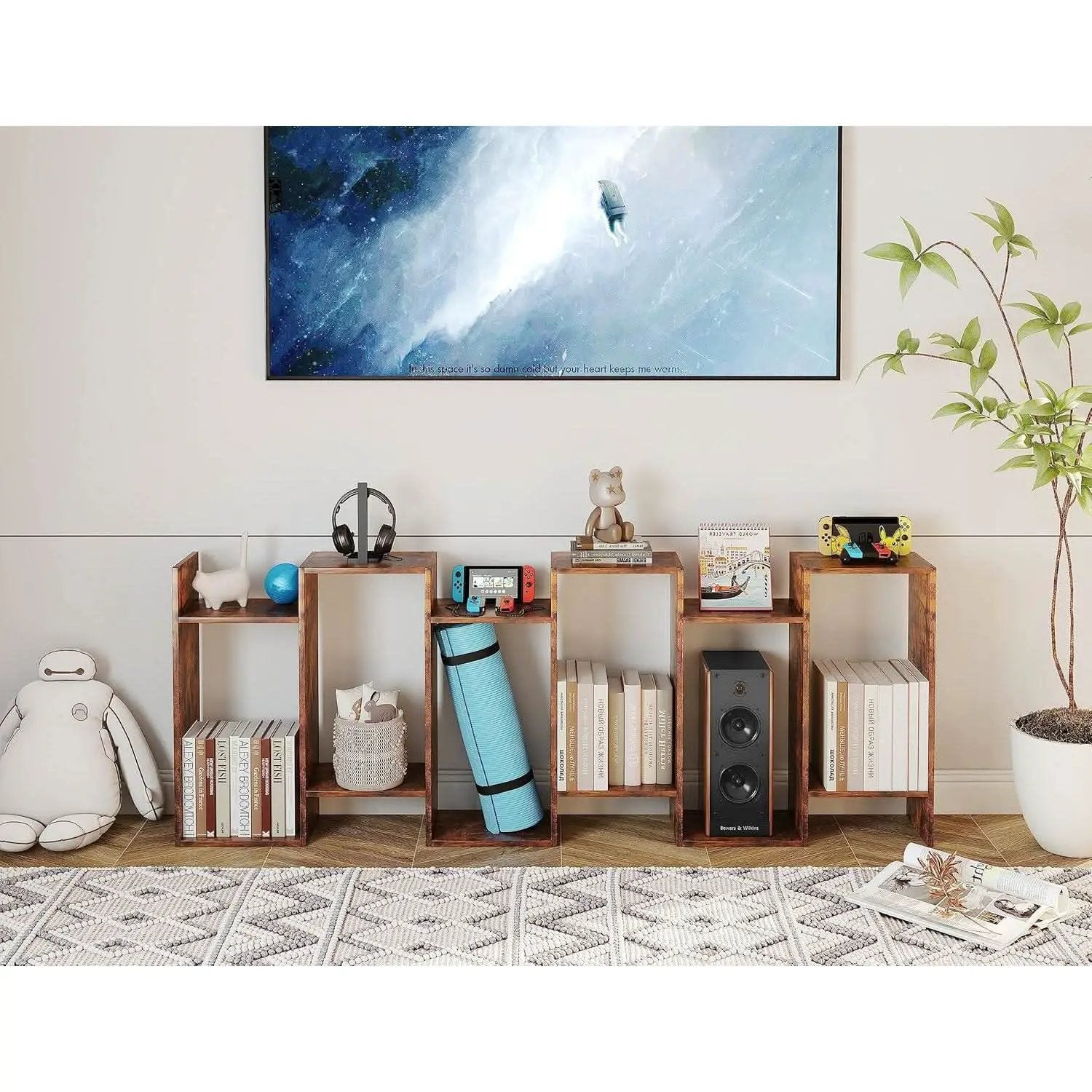 Geometric Bookcase 6 Tier S Shaped Rustic Brown Wood Shelf from PriceLows™