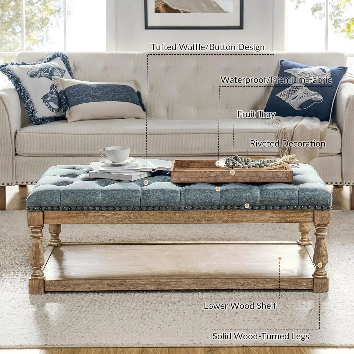 Blue Rectangular Upholstered Ottoman Coffee Table Tray from PriceLows™