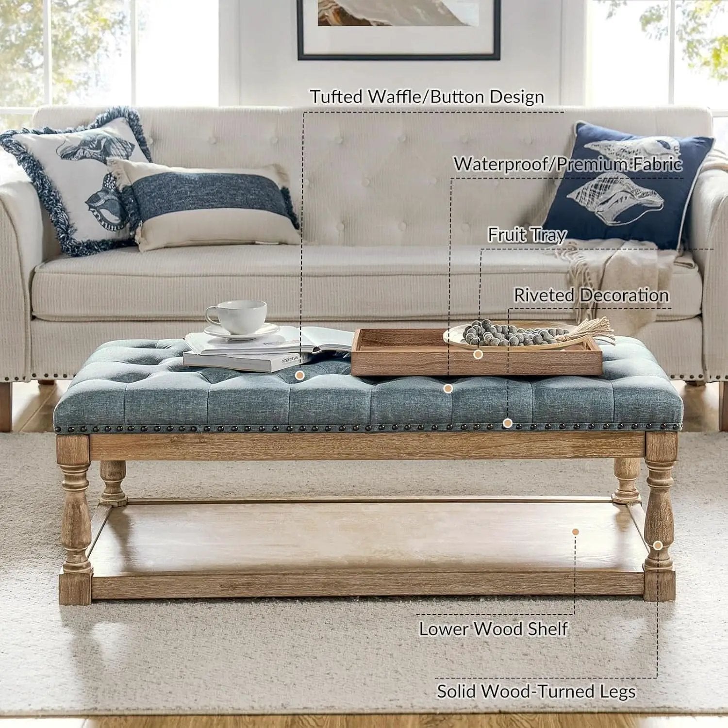 Blue Rectangular Upholstered Ottoman Coffee Table Tray from PriceLows™