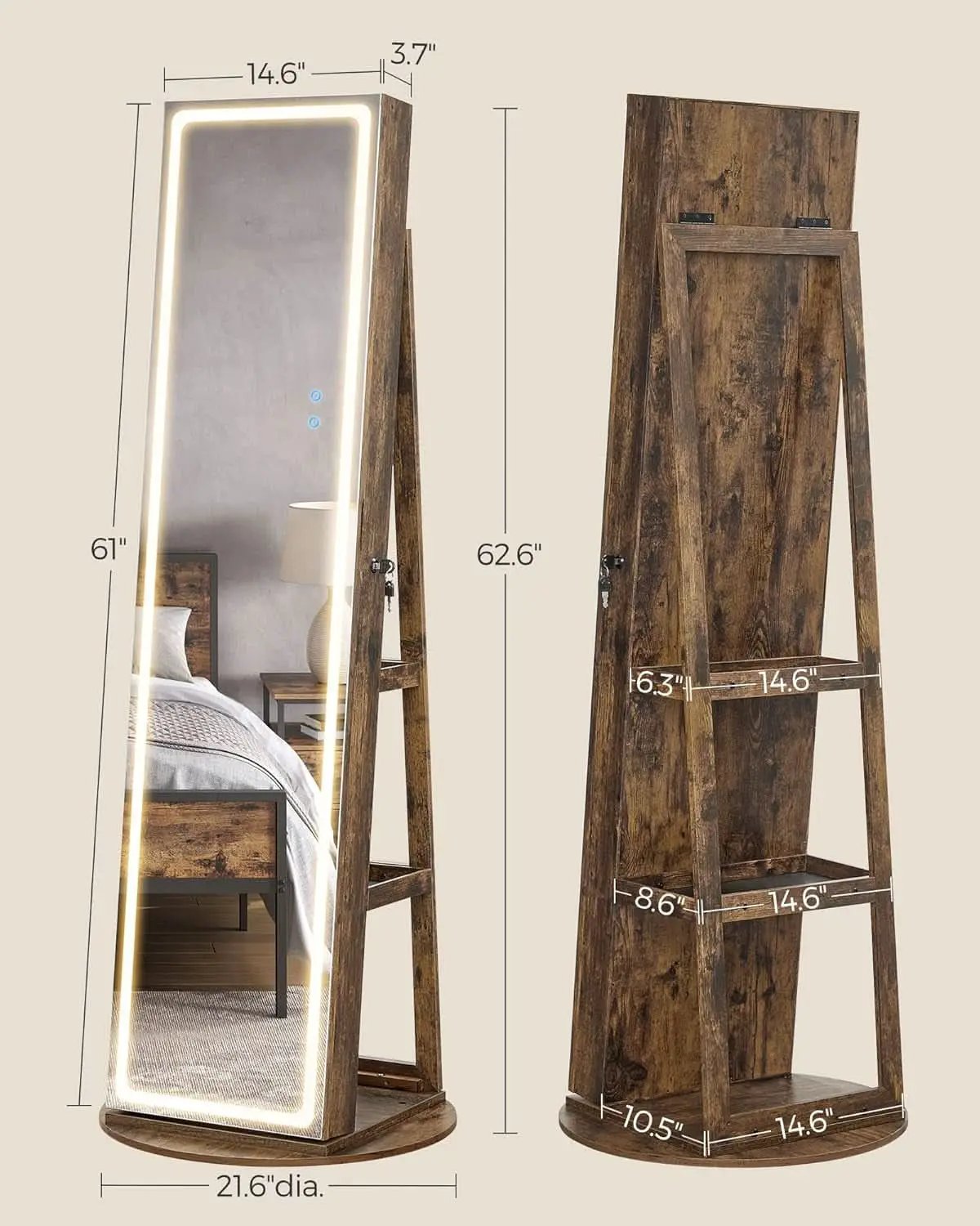 Rustic Brown LED Mirror Jewelry Cabinet Armoire Lockable from PriceLows™