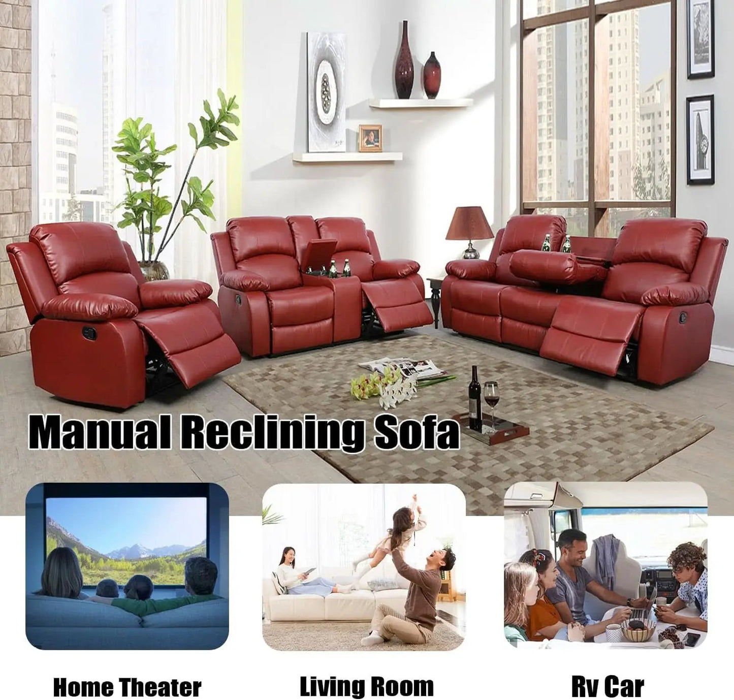 Red Faux Leather Reclining Loveseat With Storage Console from PriceLows™