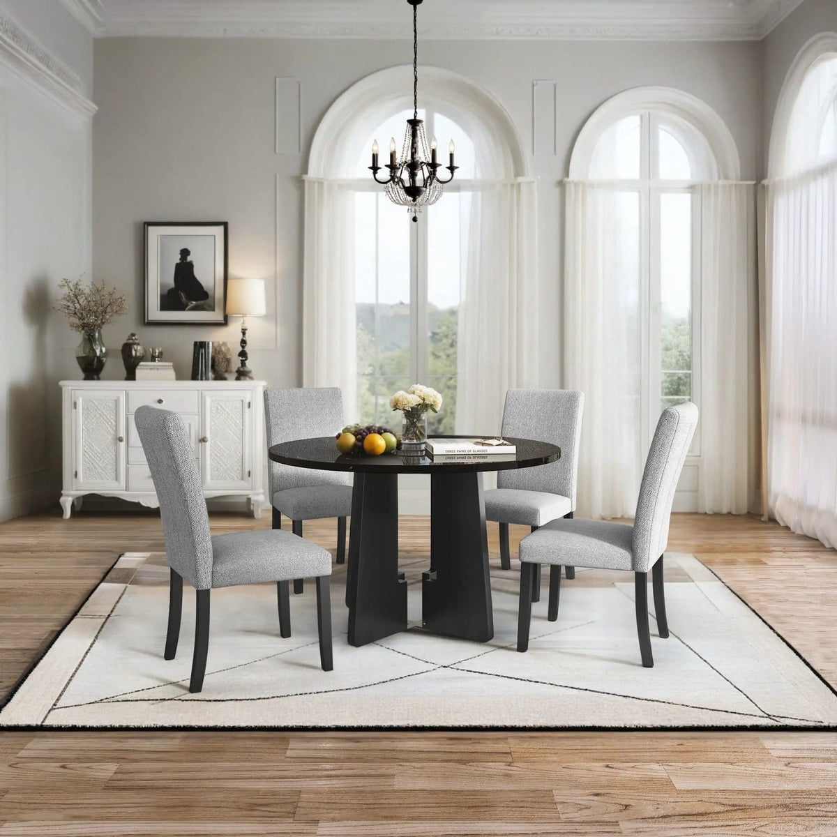 5 Piece Round Dining Table Set, Modern Table And 4 Upholstered Chairs For Dining Room | 5-Piece Set | Marble & Veneer | Dining Room