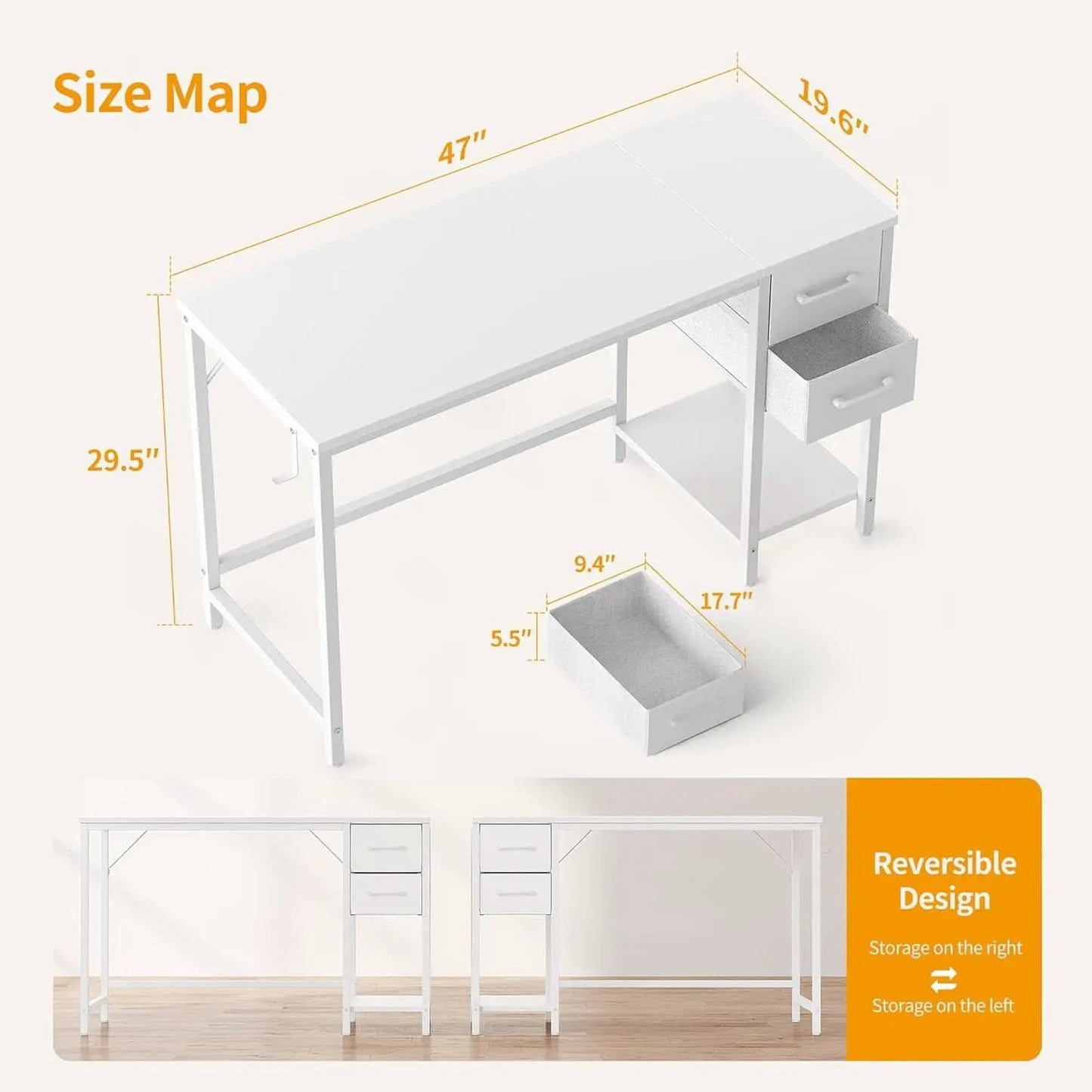47 Inch White Ergonomic Executive Desk With Drawers from PriceLows™