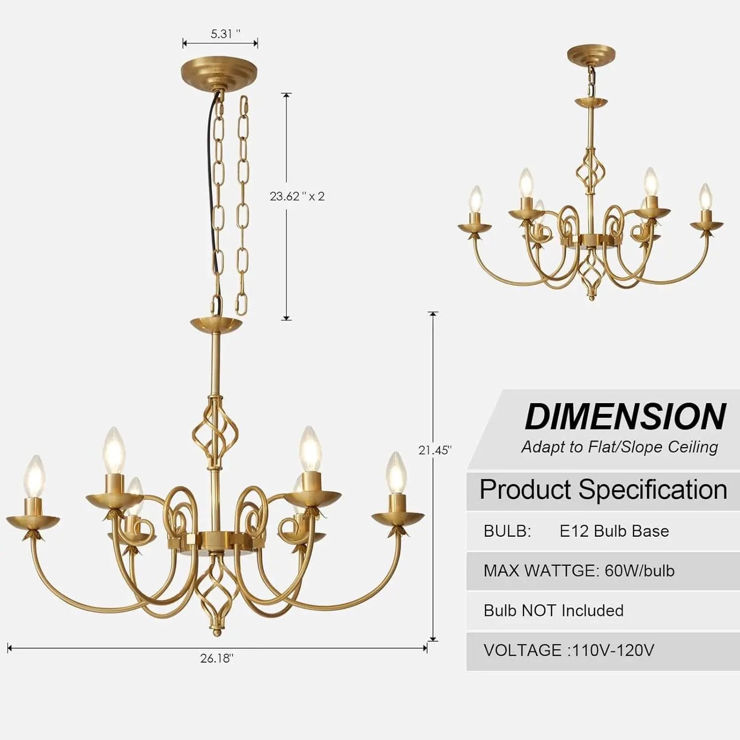 Gold Six Light Chandelier Pendant 26 Inch Dining Light from PriceLows™