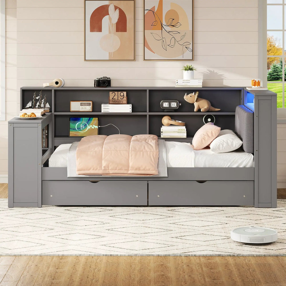 Upholstered Platform Storage Bed | Eight Open Shelves | Two Drawers | LED Lighting And Charging Station