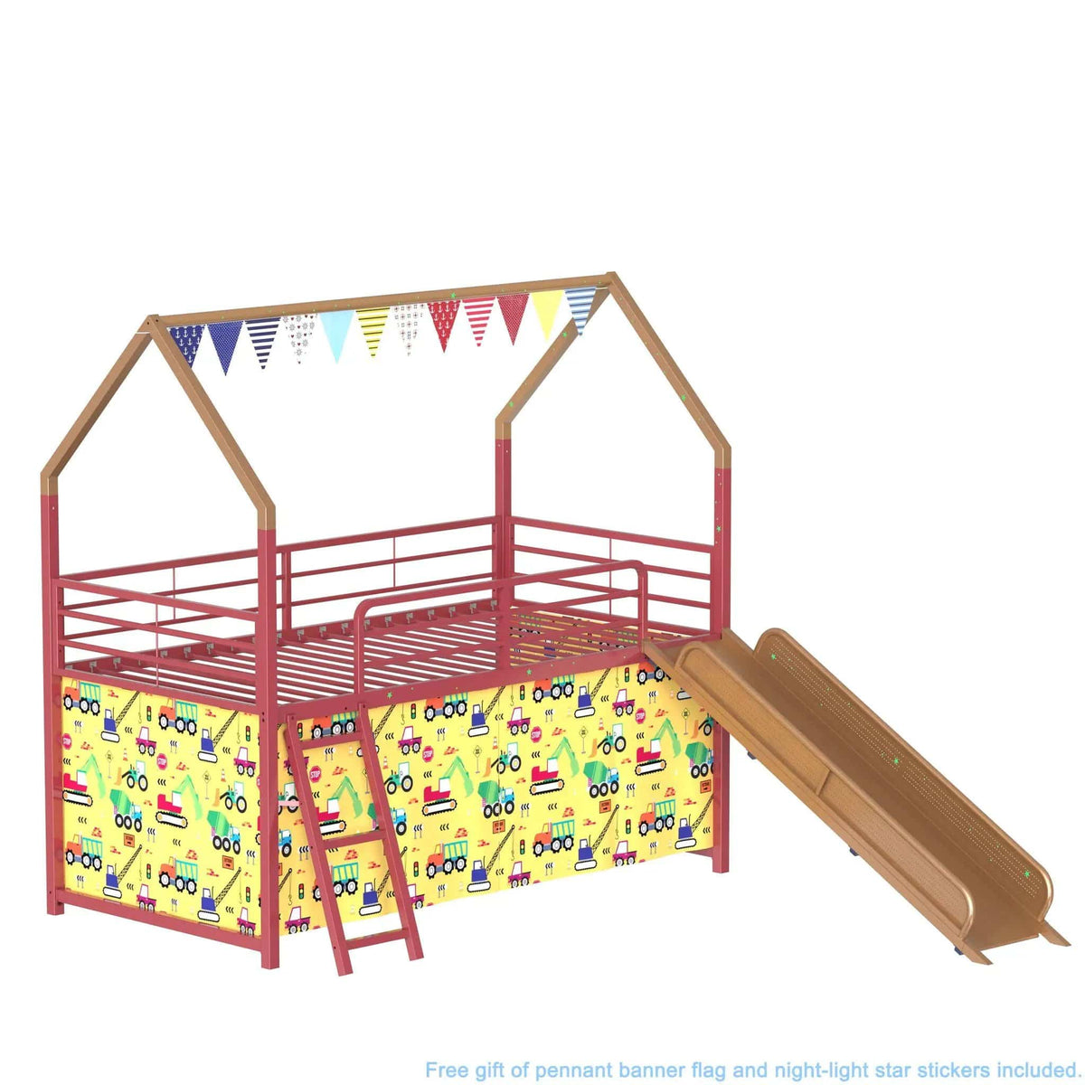 Jack House Loft Bed With Slide And Curtain Set | 5 Pieces | Metal | Bedroom