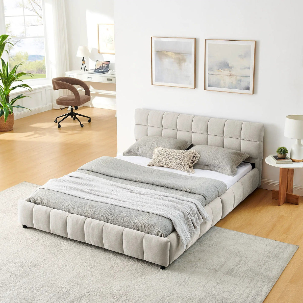 Modern Platform Storage Bed Frame | Thick Fabric Upholstery | Soft Headboard | Solid Construction