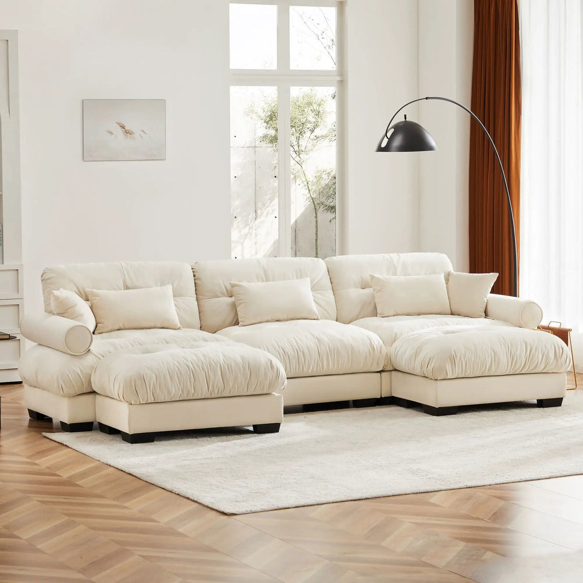 Modular Sectional Sofa | Deep Comfort Cushions | Vintage Fabric Ottoman