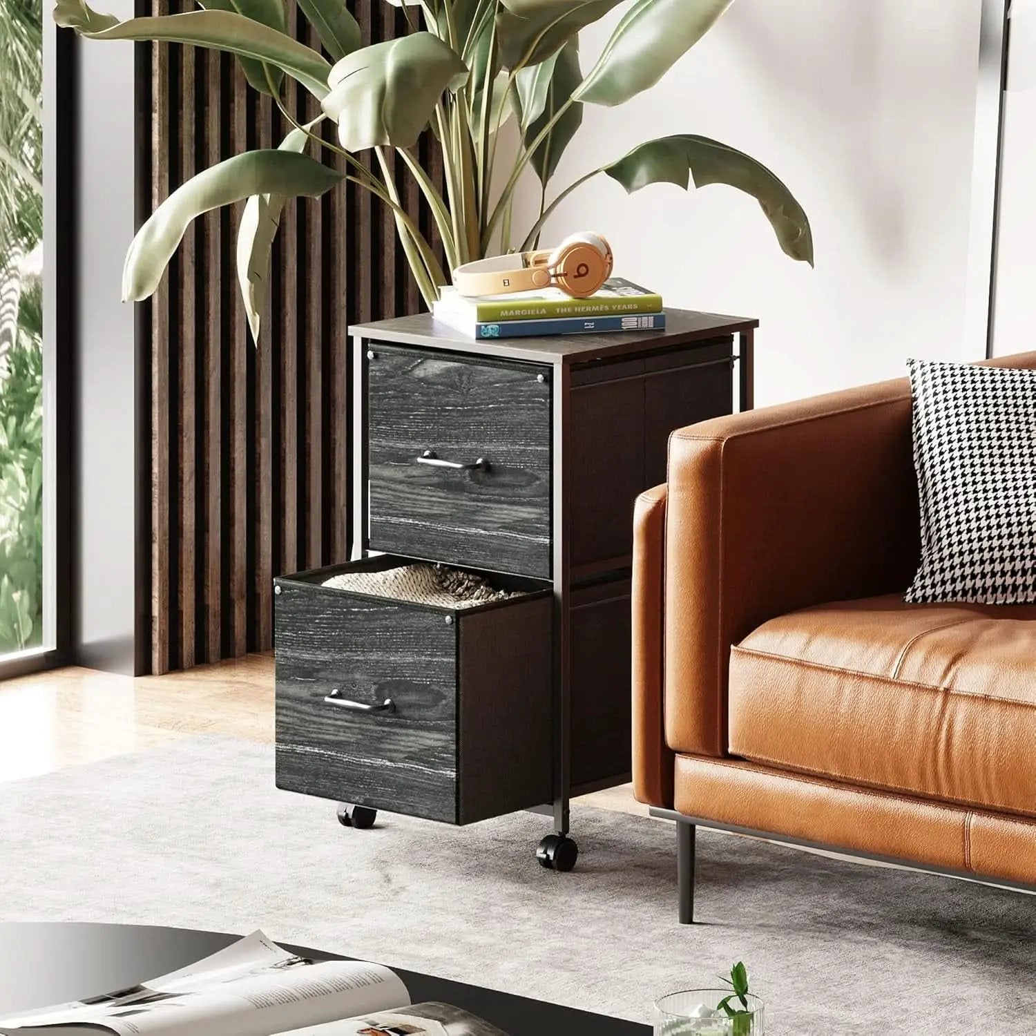 2 Drawer Mobile File Cabinet Rolling Printer Stand Charcoal Black Wood Grain Finish For Home Office from PriceLows™