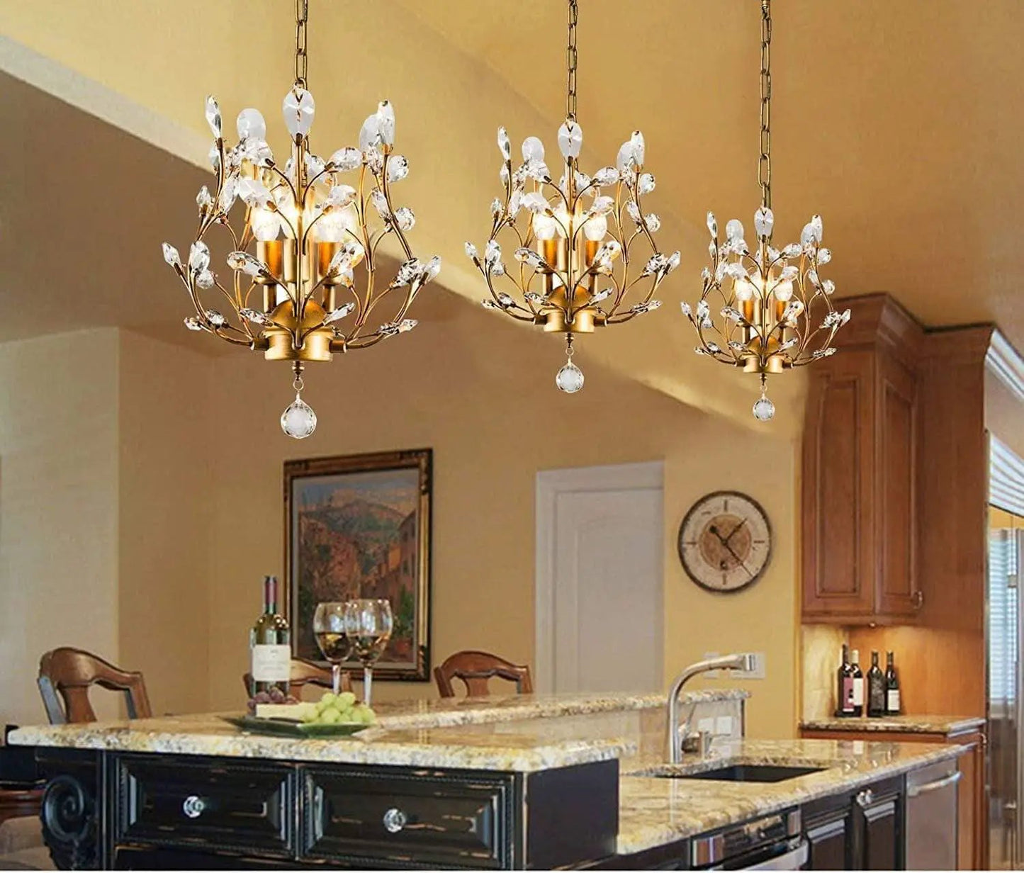 Gold Three Light Crystal Chandelier Ceiling Fixture With Adjustable Chain from PriceLows™