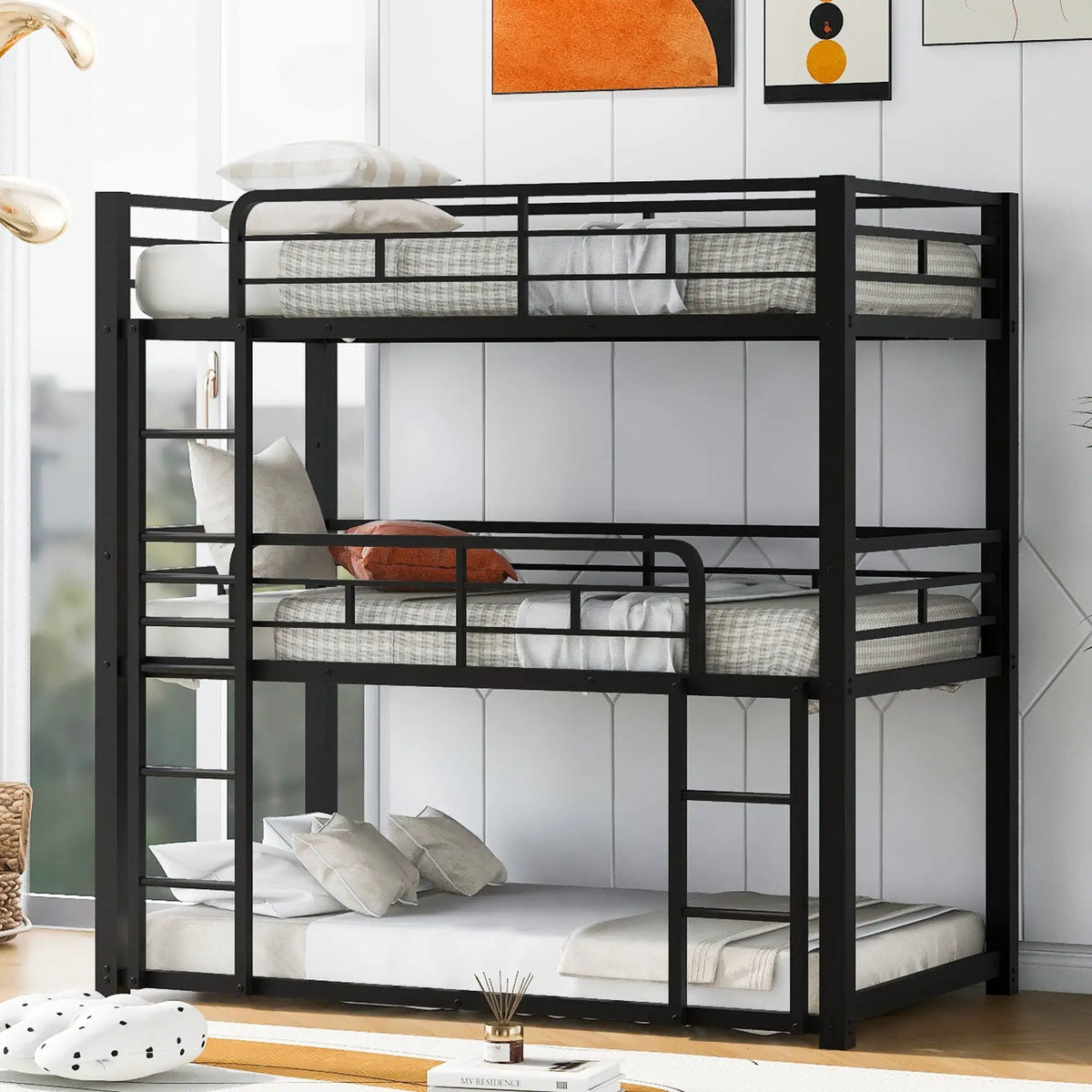 Triple Bunk Bed | Solid Metal Frame | Safety Guardrails | Space Saving