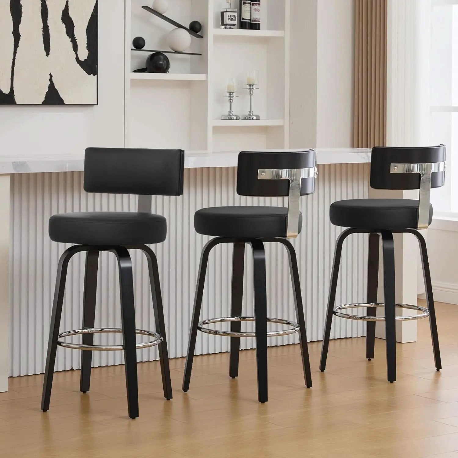 29 Inch Counter Height Black Faux Leather Swivel Bar Stools With Back Set Of 3 from PriceLows™