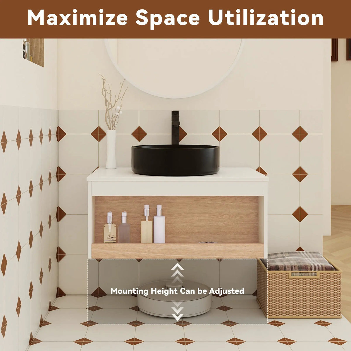 Floating Bathroom Vanity | Round Glossy Sink | Wall Mounted | Compact Design