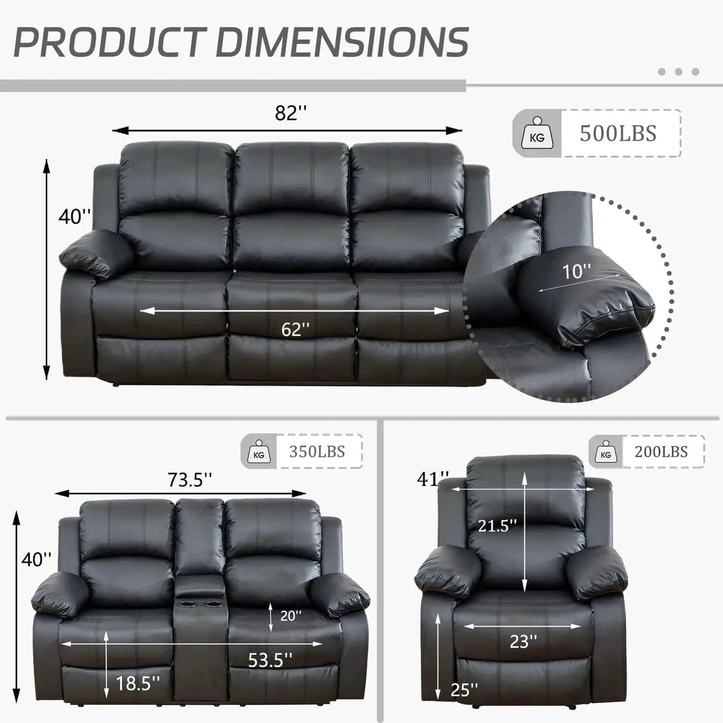 Manual Recliner Sofa Set Black With Cup Holder Storage Console