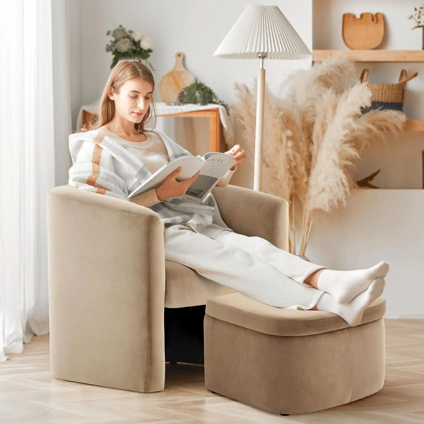 Luxurious Velvet Accent Chair With Storage Ottoman from PriceLows™