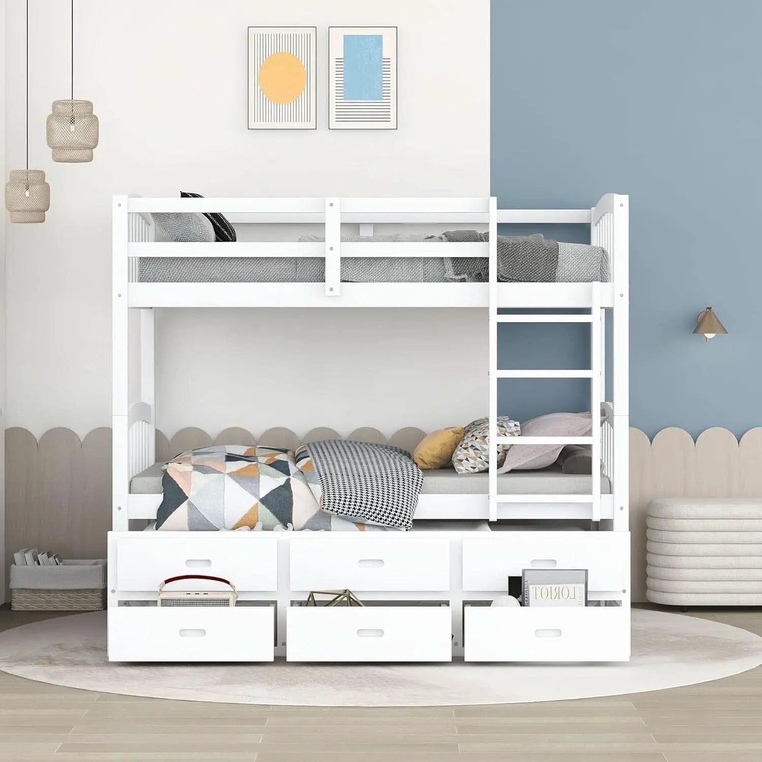 Twin Over Twin Bunk Bed With Trundle And Drawers White from PriceLows™