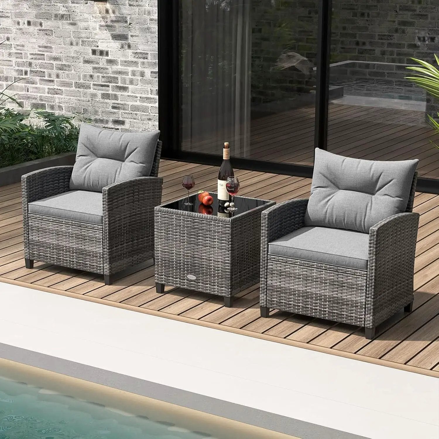 3 Piece Patio Furniture Set Outdoor PE Rattan Conversation Set With Washable Cushions And Tempered Glass Table Grey from PriceLows™