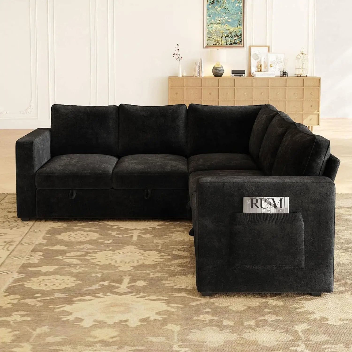 Black 83Inch Deluxe Sleeper Sectional Sofa With Storage from PriceLows™