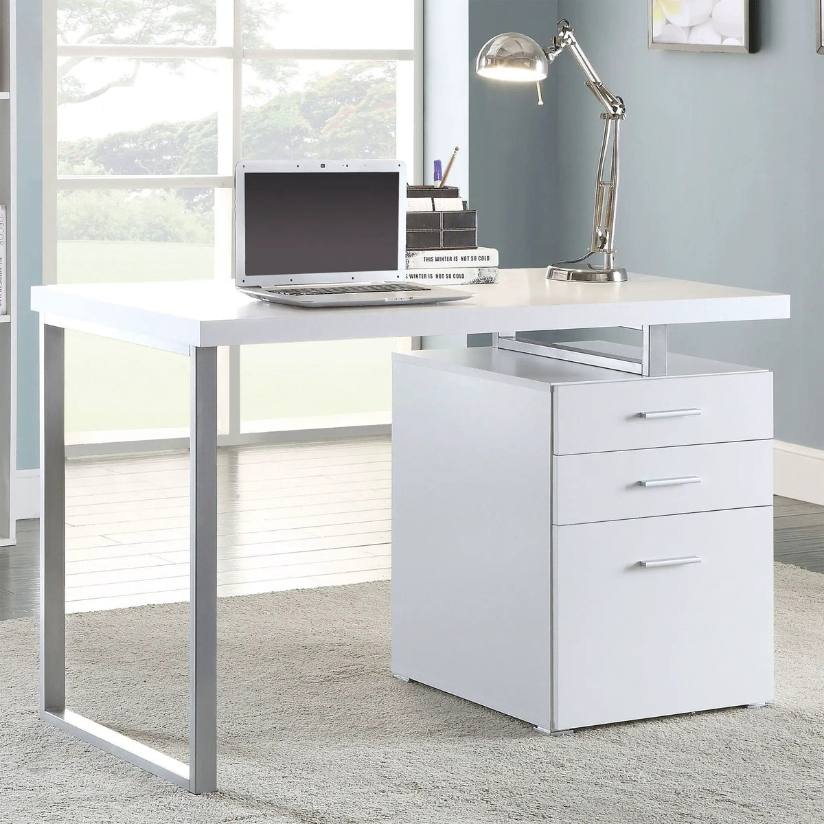 Brennan 47-inch 3-drawer Office Computer Desk | 47.25 x 23.5 x 30 in | Engineered Wood & Metal | White