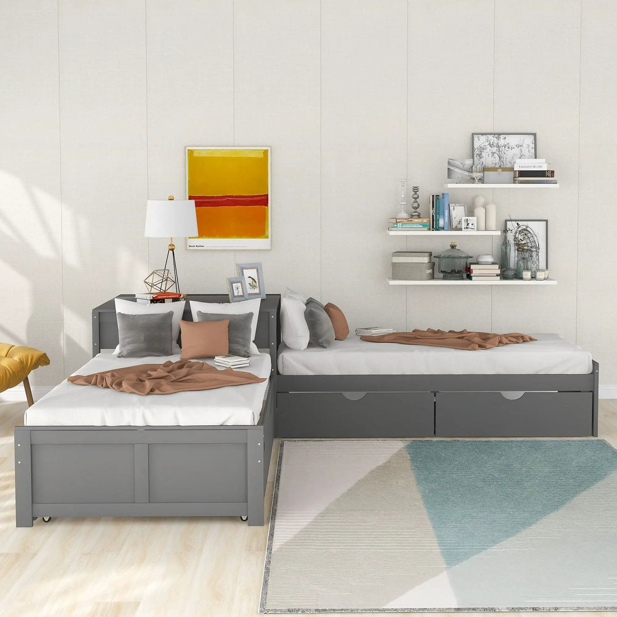 L Shaped Platform Bed | Built In Desk | Trundle With Drawers | Twin Size