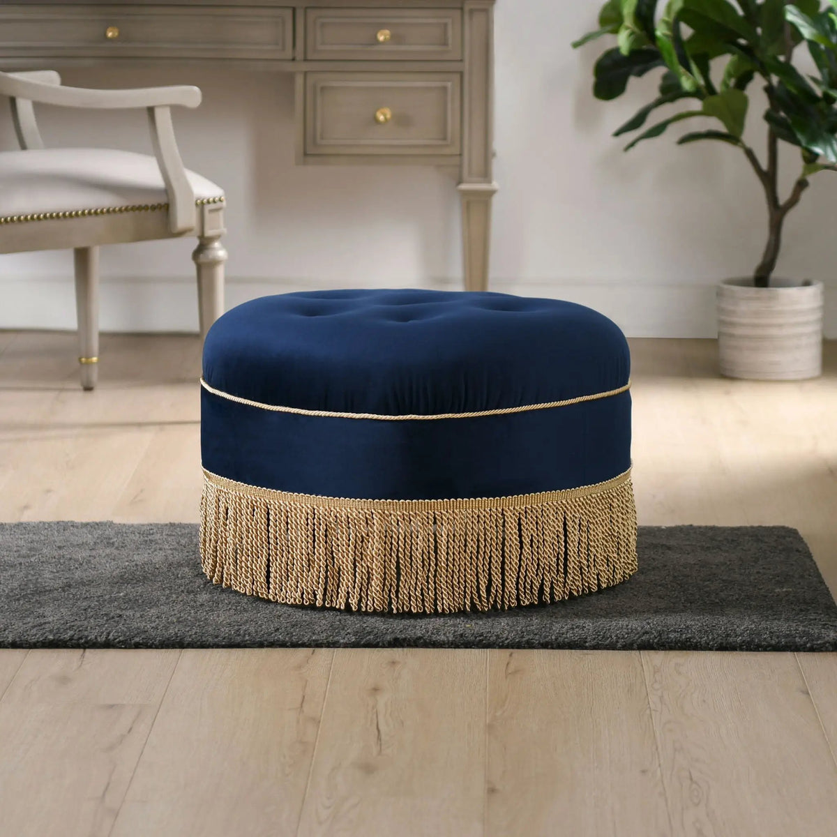 Yolanda Round Accent Ottoman | Handcrafted Quality | Kiln-Dried Hardwood Frame | 16 Inch Height