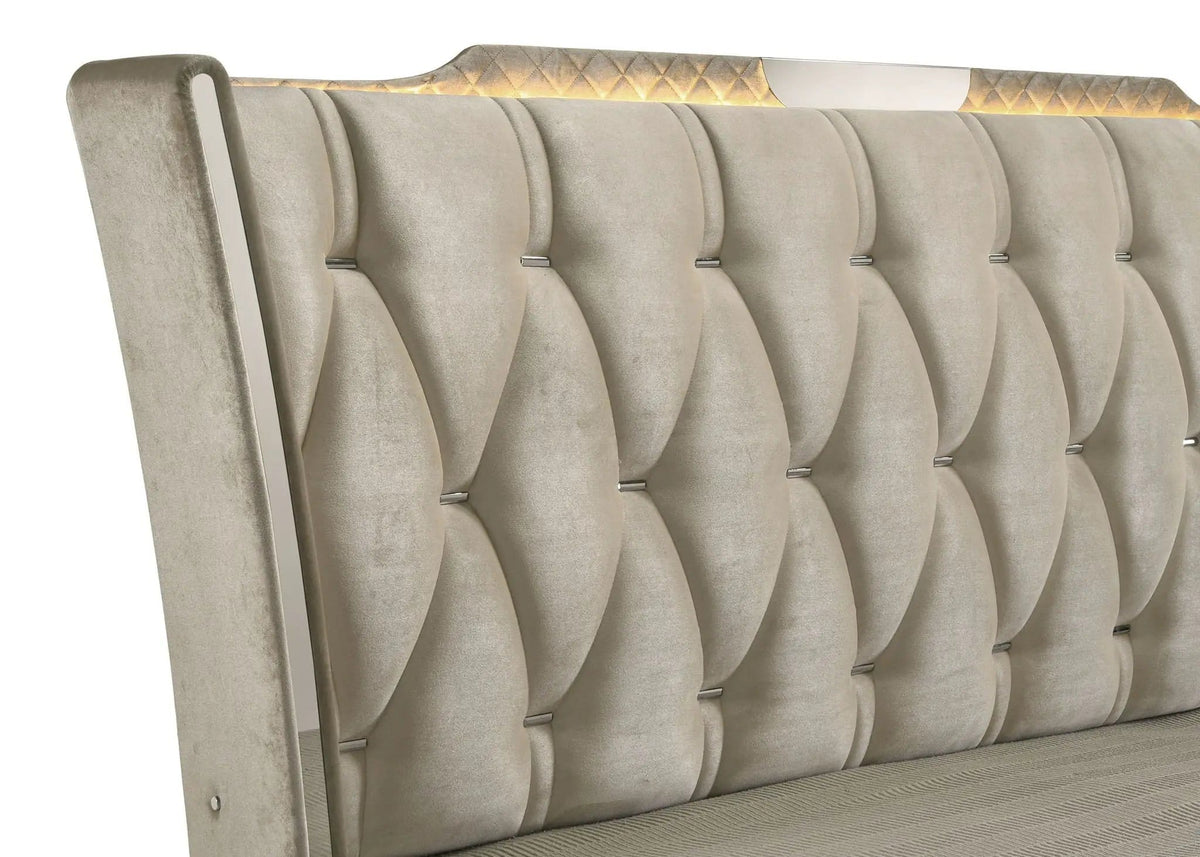 Lorient Queen LED Upholstered Wingback Bed Ivory and Camel | 80.25 x 92.5 x 63.25 in | Rubberwood & Engineered Wood | Bedroom