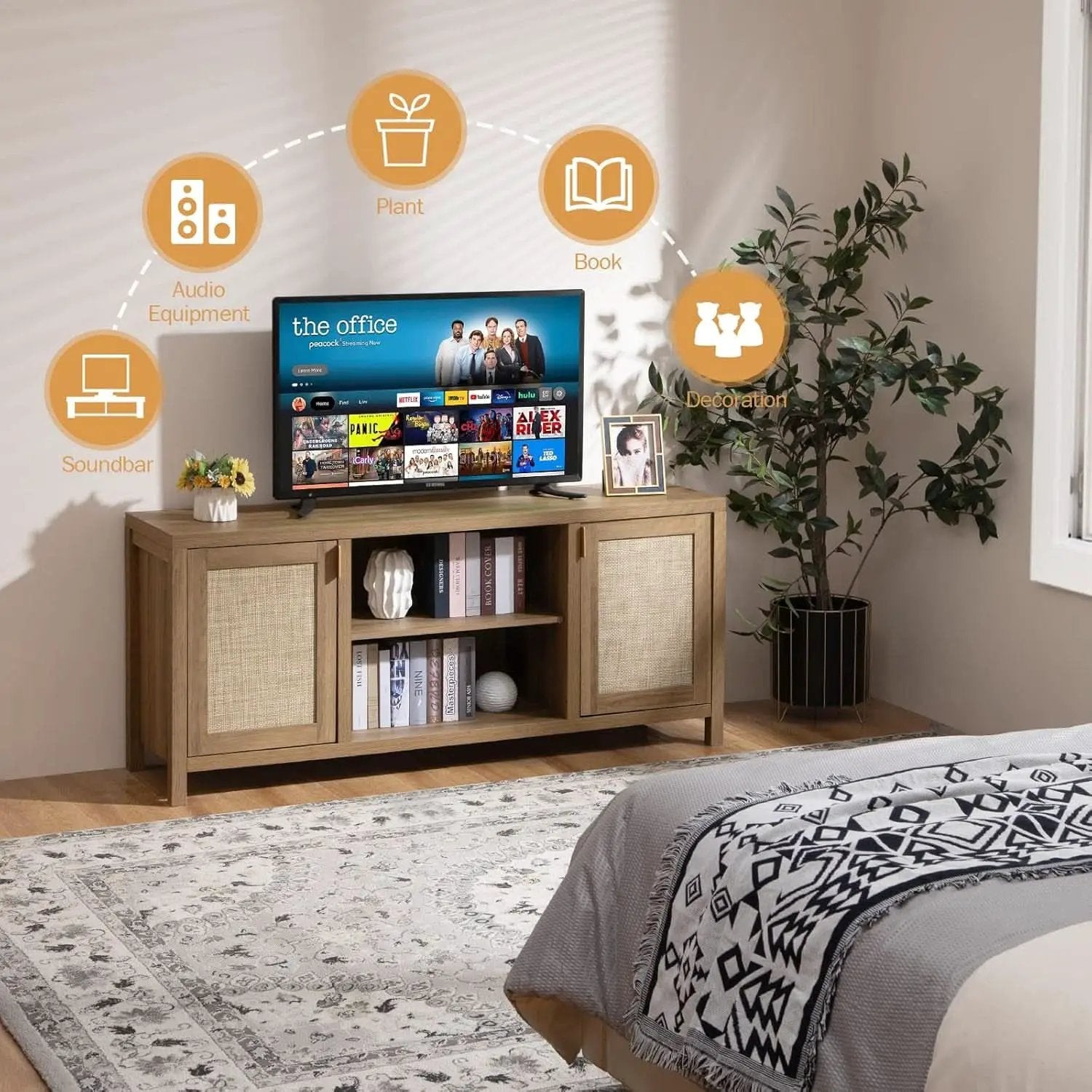 Boho Rattan TV Stand With Adjustable Shelves 59 Inch Oak from PriceLows™