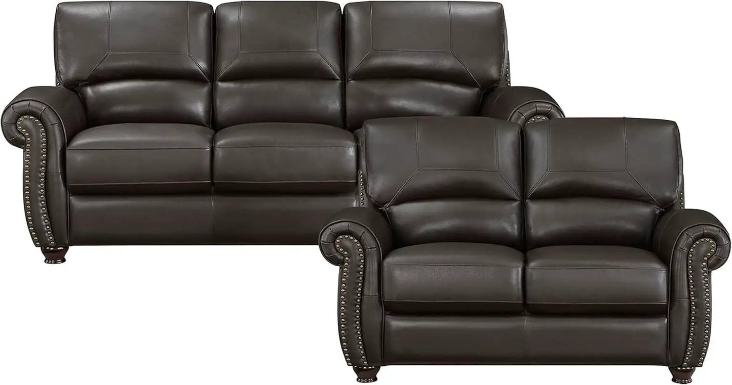 Dark Brown Top Grain Leather Sofa Set With Loveseat from PriceLows™