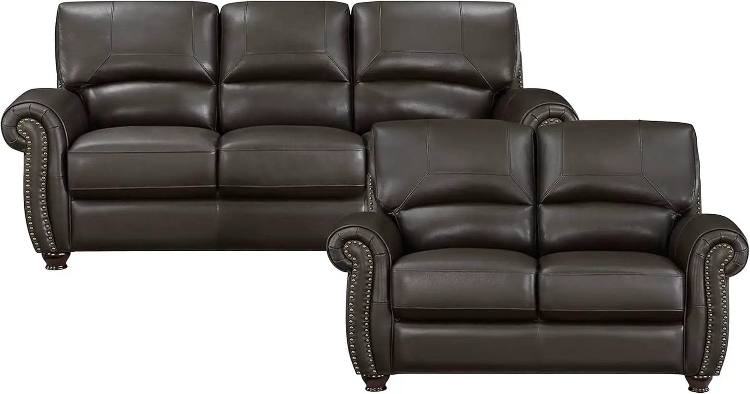 Dark Brown Top Grain Leather Sofa Set With Loveseat from PriceLows™