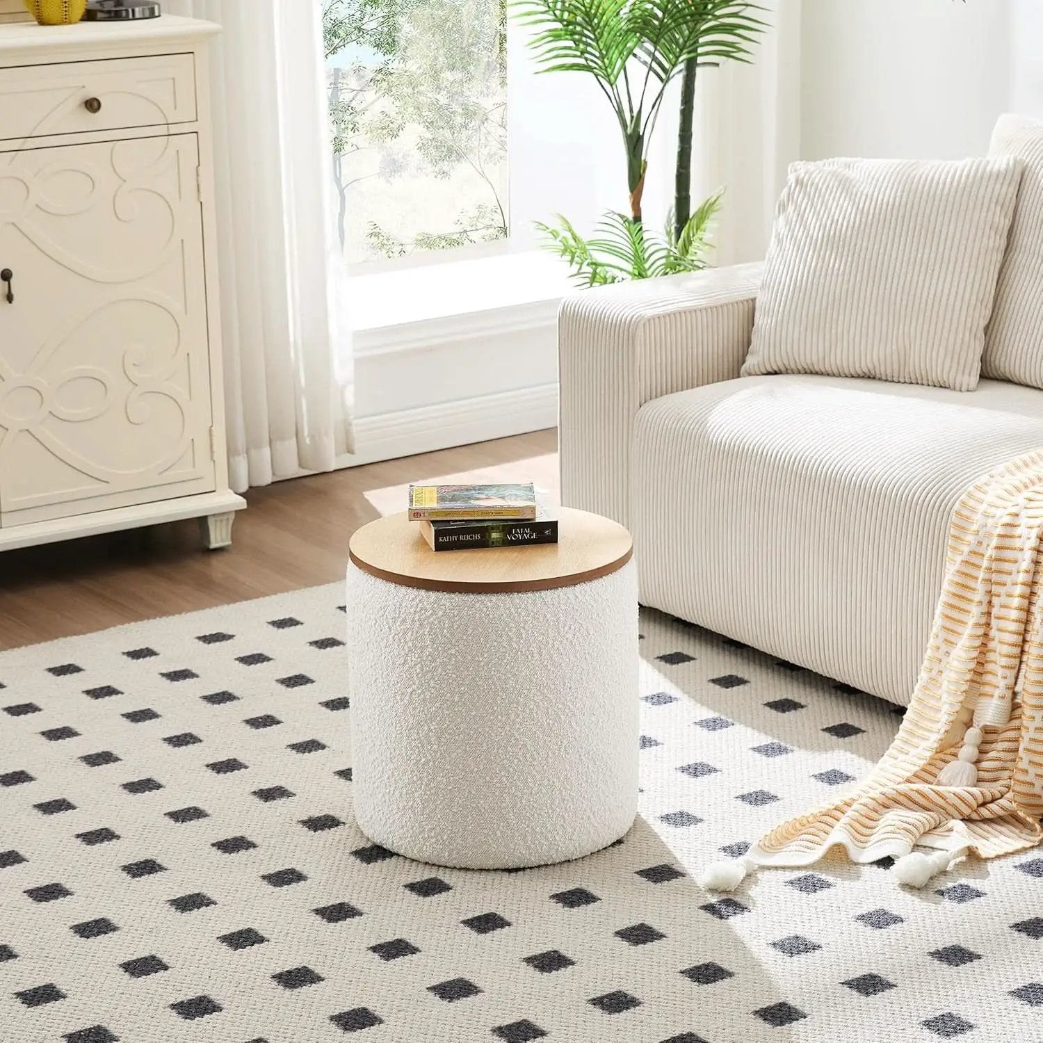 Circular Storage Ottoman Sixteen Inch White Boucle from PriceLows™
