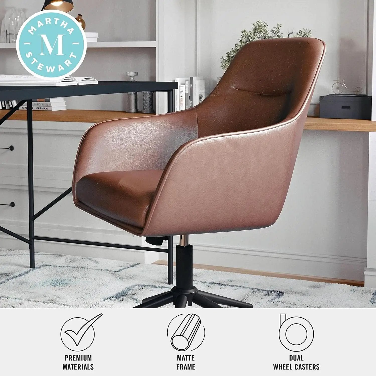 Rayna Swivel Task Chair Saddle Brown With Flared Arms from PriceLows™