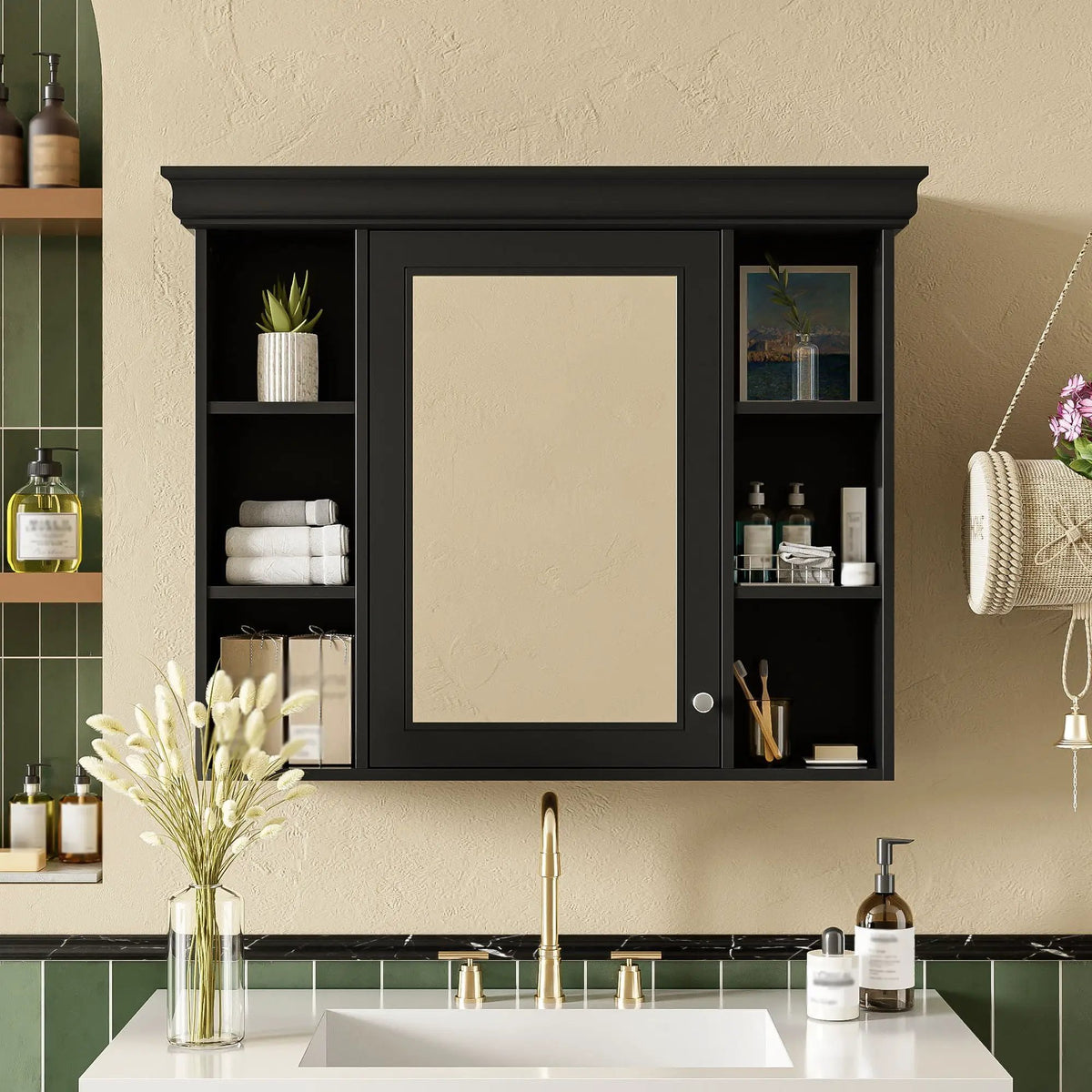 Wall Mounted Bathroom Storage Cabinet | Mirror Door | Silver Metal Handles | Open Shelves