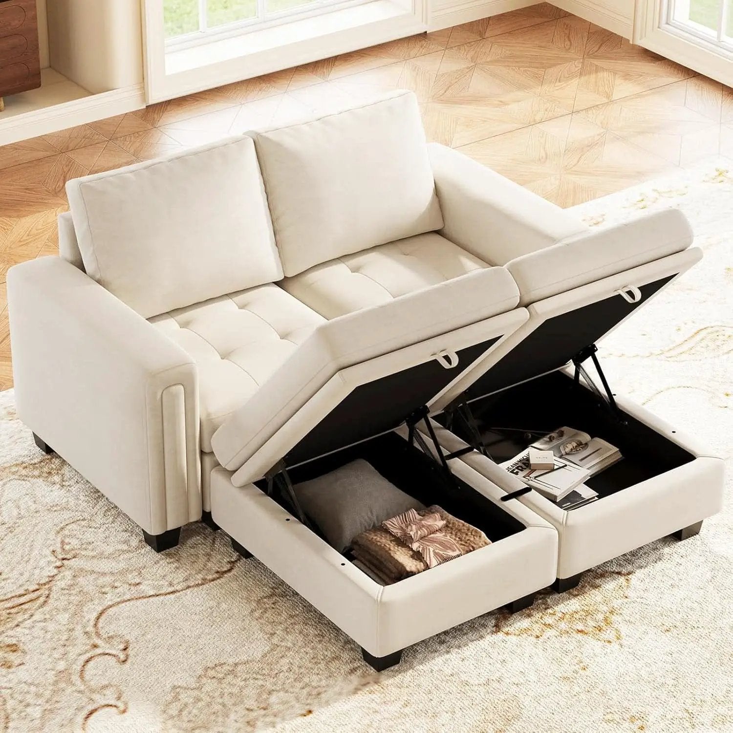 Beige Velvet Modular Sectional Sofa With Storage Sleeper from PriceLows™